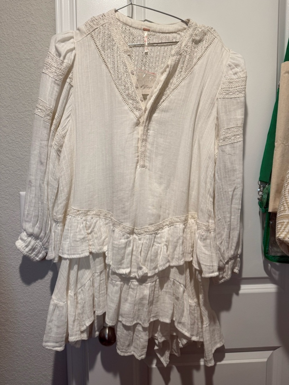 Free People Cream Ruffled Cotton Tunic with Lace Trim